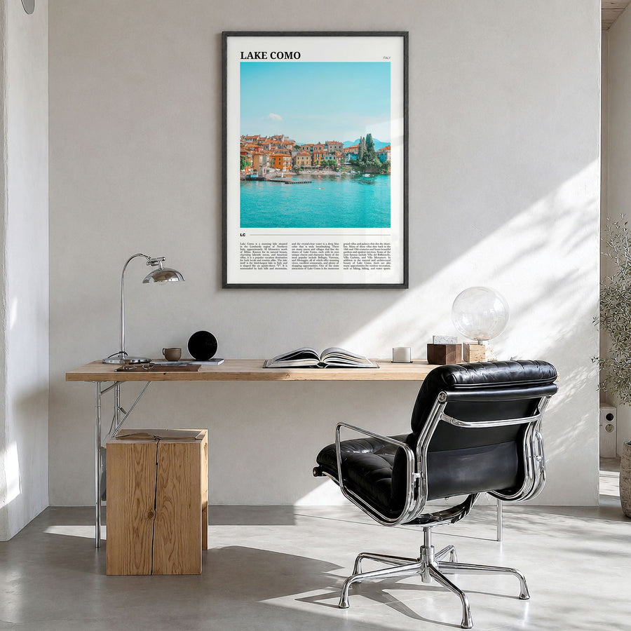 Lake Como Travel No 1 Poster in a black wood frame, hanging in a bright home office