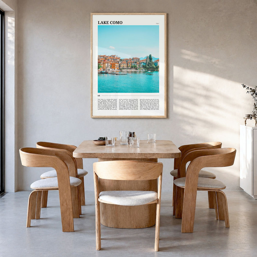 Lake Como Travel No 1 Poster in a natural wood frame, hanging in a dining room