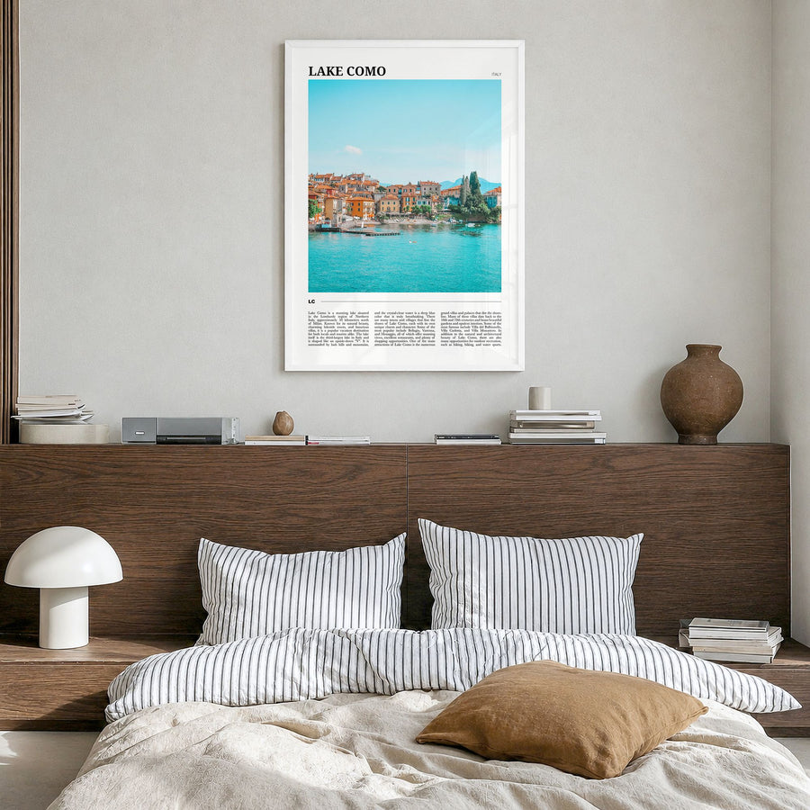 Lake Como Travel No 1 Poster in a white wood frame, hanging in a bedroom
