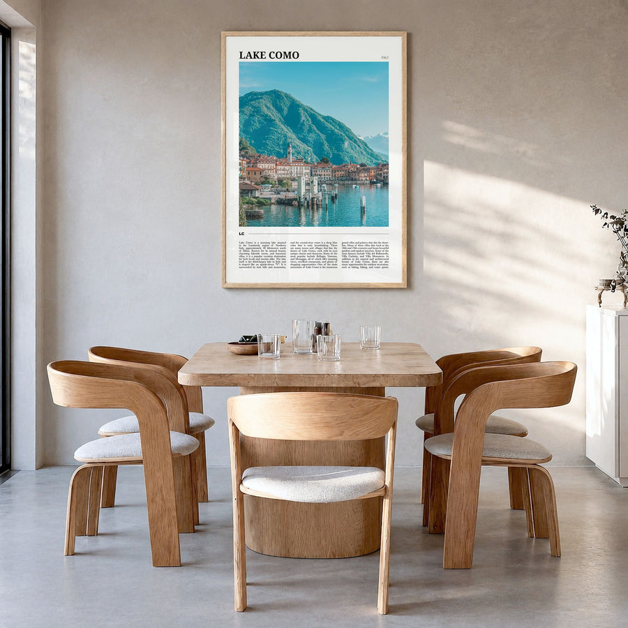 Lake Como Travel No 2 Poster in a natural wood frame, hanging in a dining room