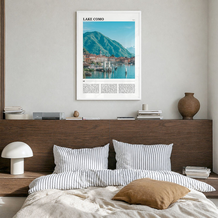 Lake Como Travel No 2 Poster in a white wood frame, hanging in a bedroom