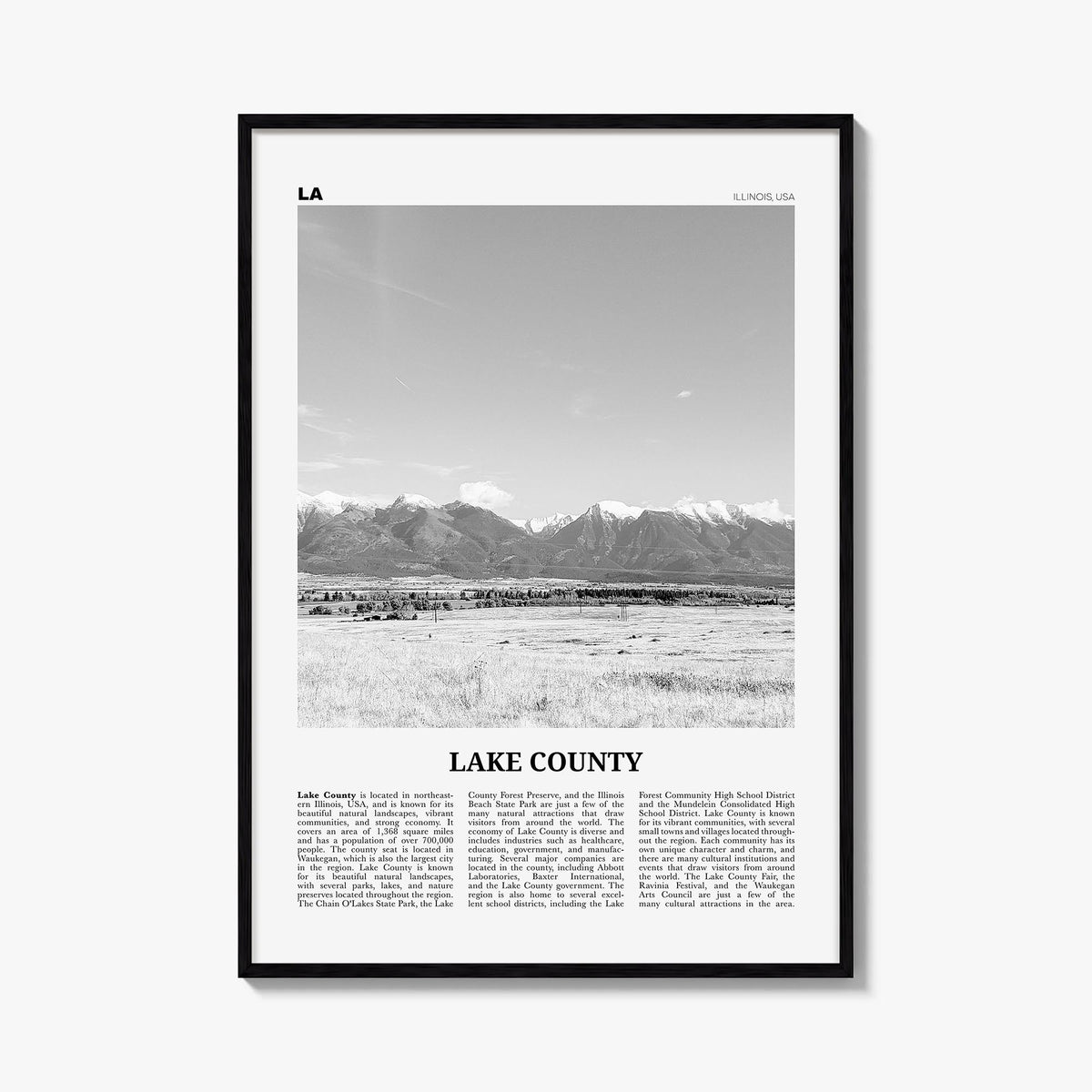 Lake County black & white newspaper poster of Illinois, USA – vertical wall art, unframed print shown in interior mockup