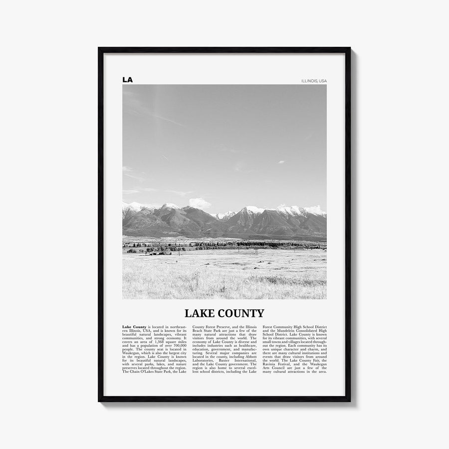 Lake County black & white newspaper poster of Illinois, USA – vertical wall art, unframed print shown in interior mockup