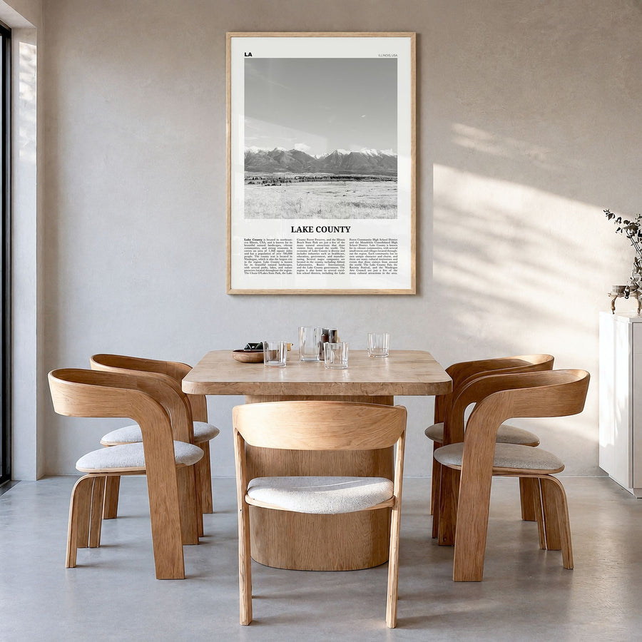 Lake County Newspaper Poster in a natural wood frame, hanging in a dining room