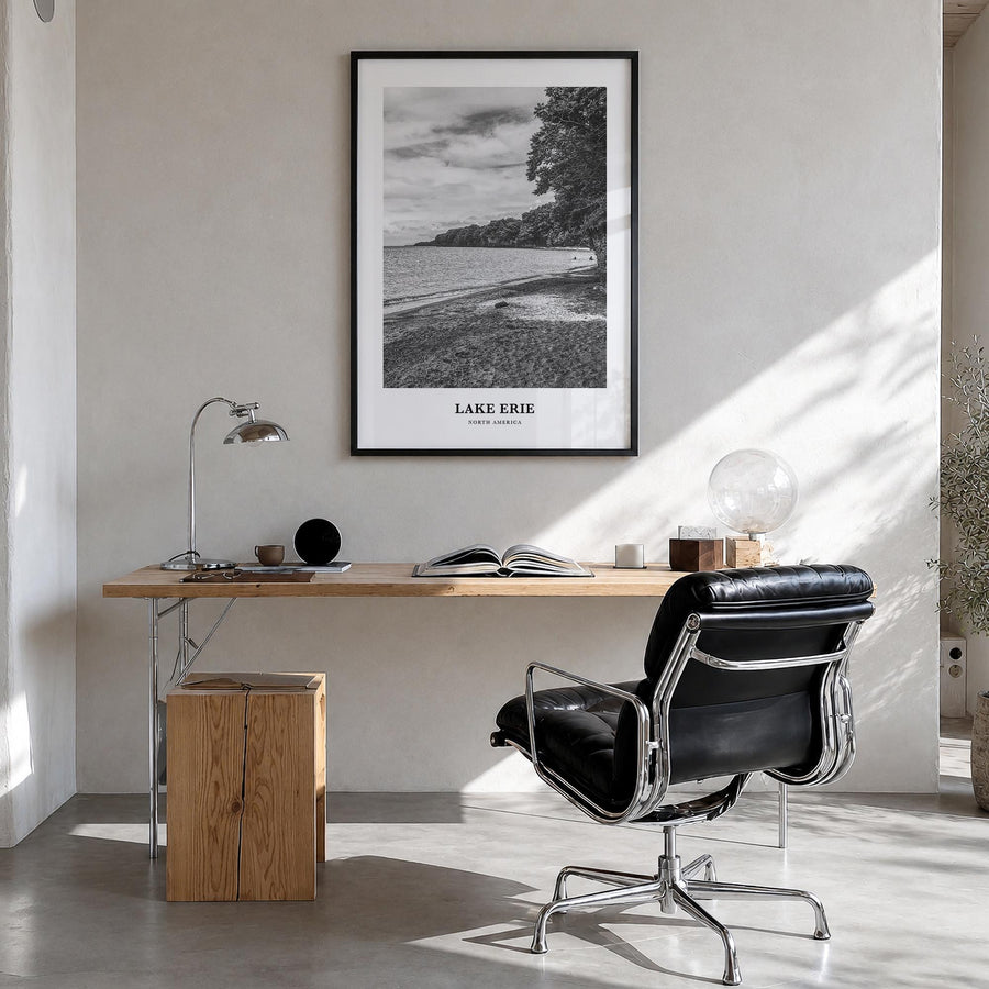 Lake Erie black & white classic poster of United States & Canada – vertical wall art in black wood frame, hanging on wall