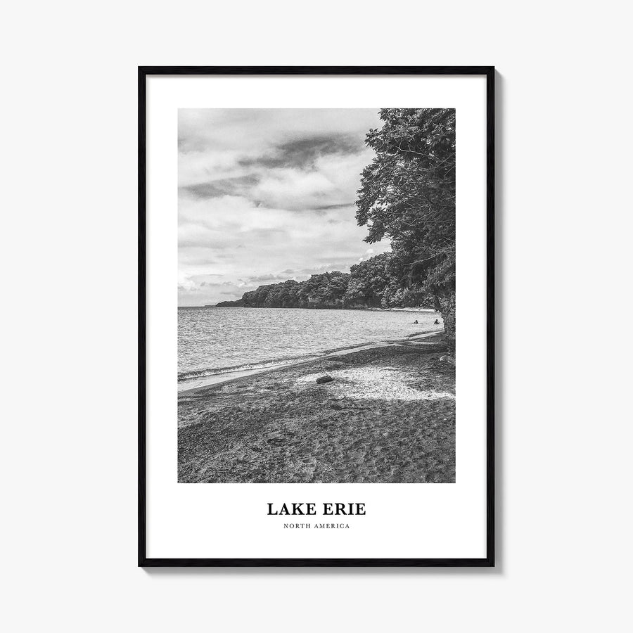Lake Erie black & white classic poster of United States & Canada – vertical wall art, unframed print shown in interior mockup