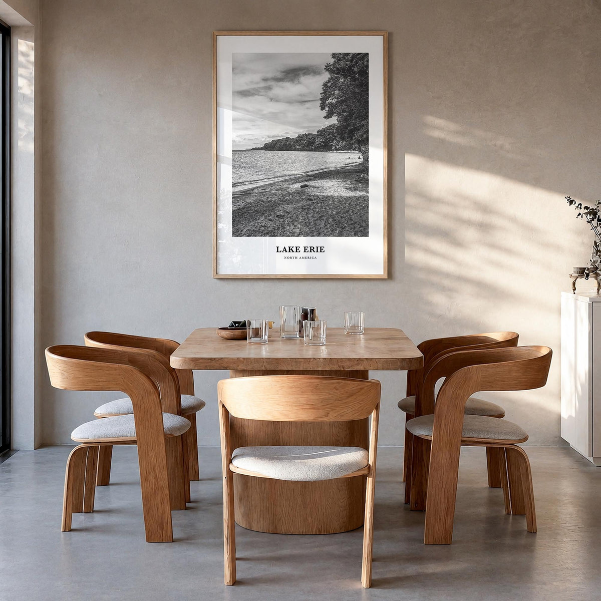 Lake Erie black & white classic poster of United States & Canada – vertical wall art in natural wood frame, hanging on wall