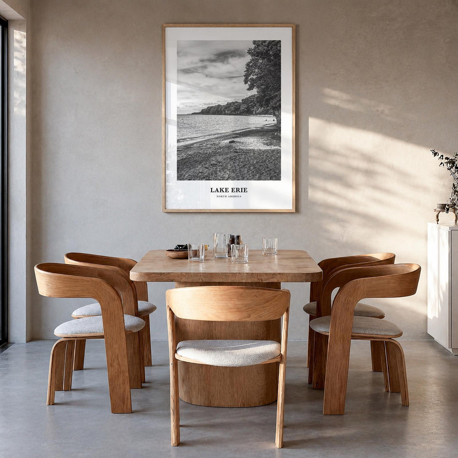 Lake Erie black & white classic poster of United States & Canada – vertical wall art in natural wood frame, hanging on wall