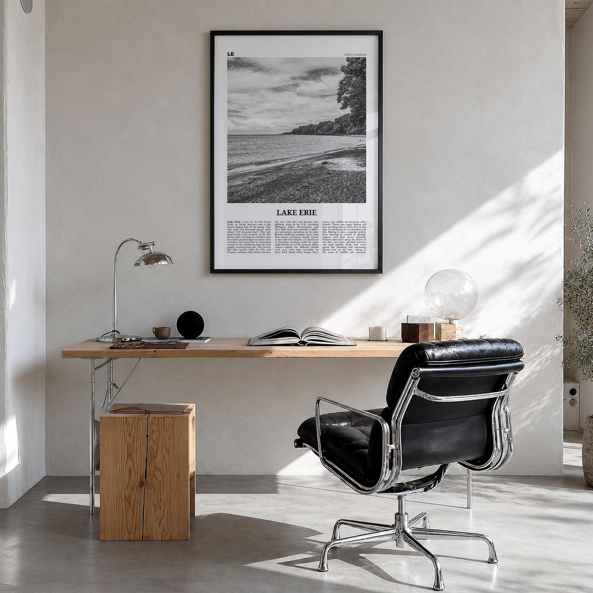 Lake Erie black & white newspaper poster of United States & Canada – vertical wall art in black wood frame, hanging on wall