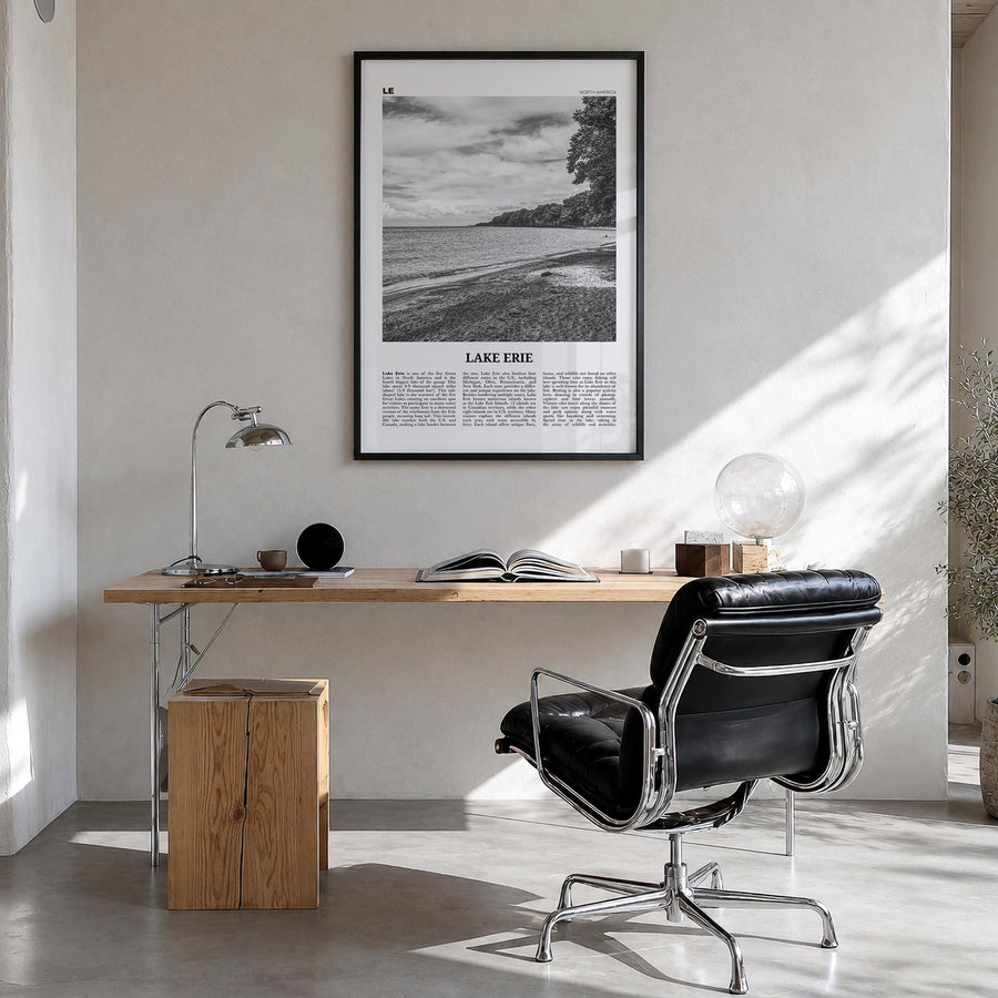 Lake Erie black & white newspaper poster of United States & Canada – vertical wall art in black wood frame, hanging on wall