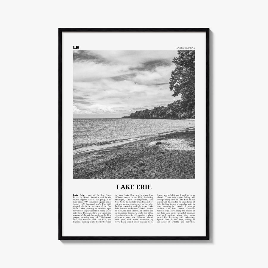 Lake Erie black & white newspaper poster of United States & Canada – vertical wall art, unframed print shown in interior mock
