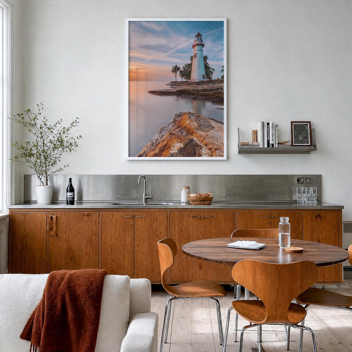 Lake Erie colorful photo poster of United States & Canada – vertical wall art in white wood frame, hanging on wall