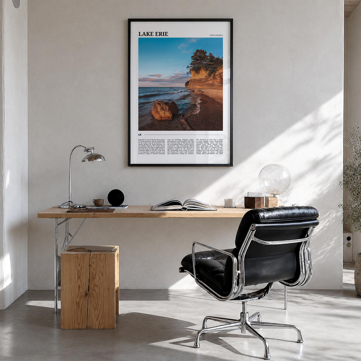 Lake Erie colorful travel poster of United States & Canada – vertical wall art in black wood frame, hanging on wall