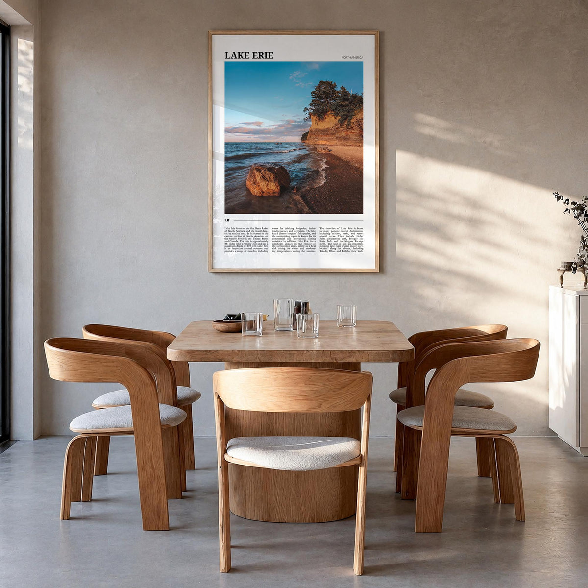 Lake Erie colorful travel poster of United States & Canada – vertical wall art in natural wood frame, hanging on wall