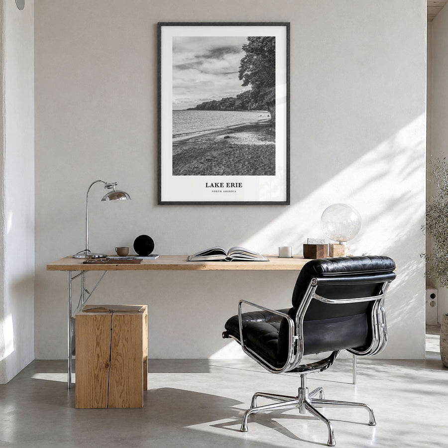 Lake Erie Classic Poster in a black wood frame, hanging in a bright home office