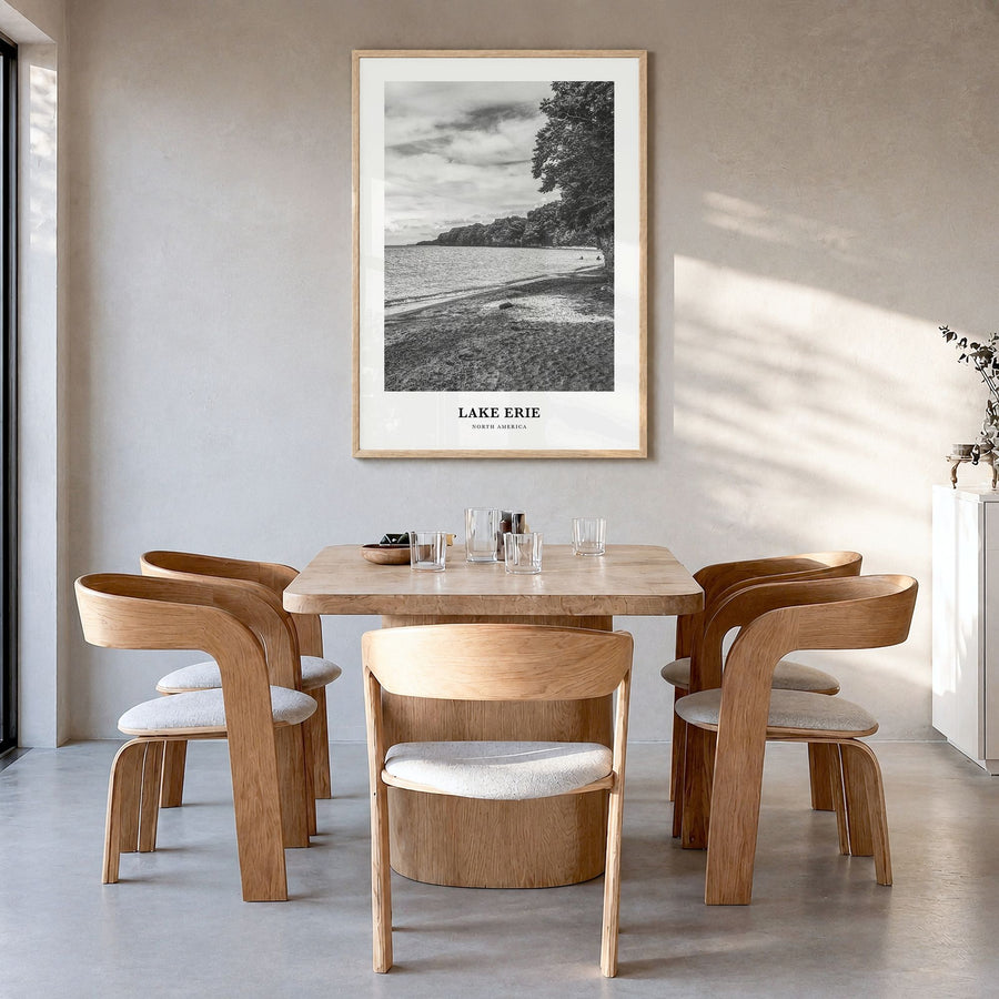 Lake Erie Classic Poster in a natural wood frame, hanging in a dining room