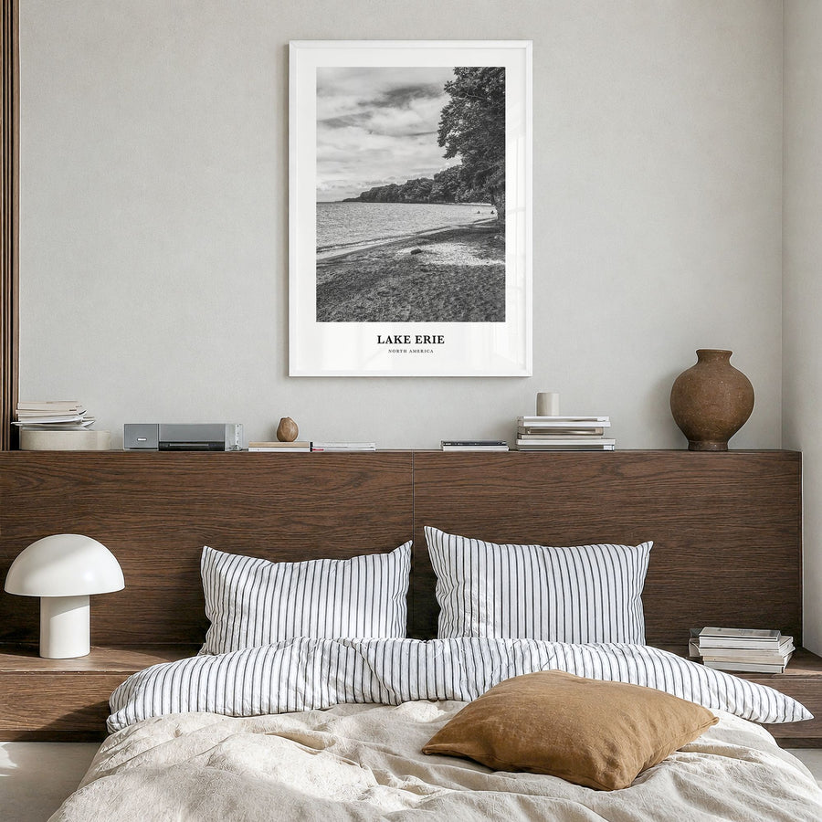 Lake Erie Classic Poster in a white wood frame, hanging in a bedroom