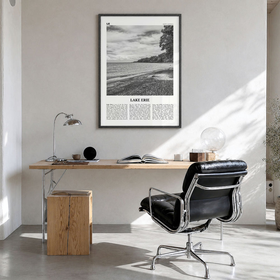 Lake Erie Newspaper Poster in a black wood frame, hanging in a bright home office