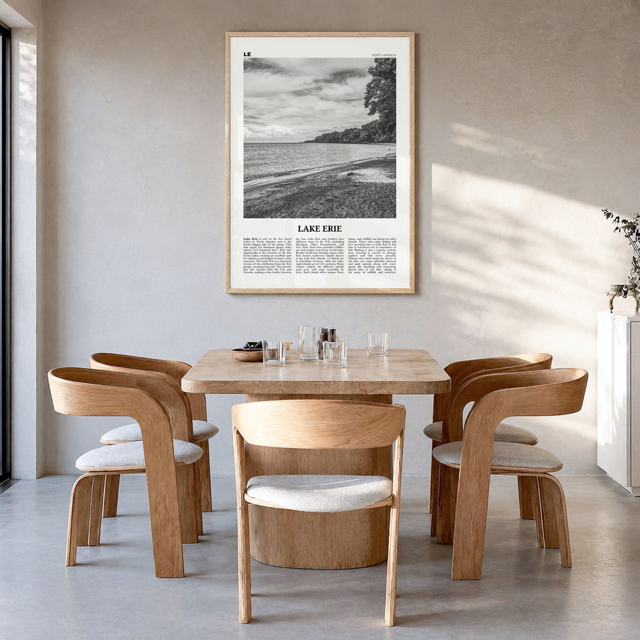 Lake Erie Newspaper Poster in a natural wood frame, hanging in a dining room