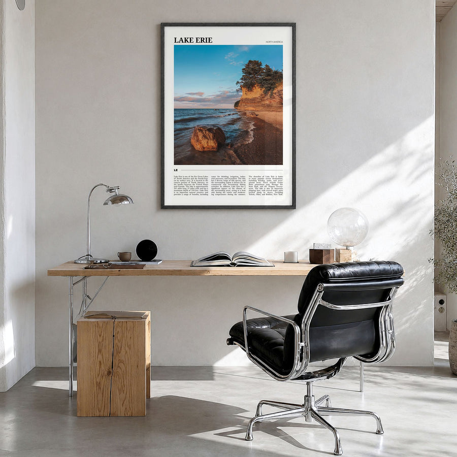 Lake Erie Travel Poster in a black wood frame, hanging in a bright home office