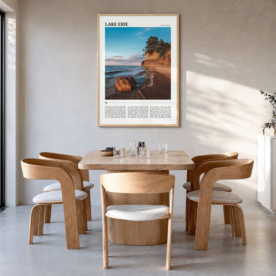 Lake Erie Travel Poster in a natural wood frame, hanging in a dining room