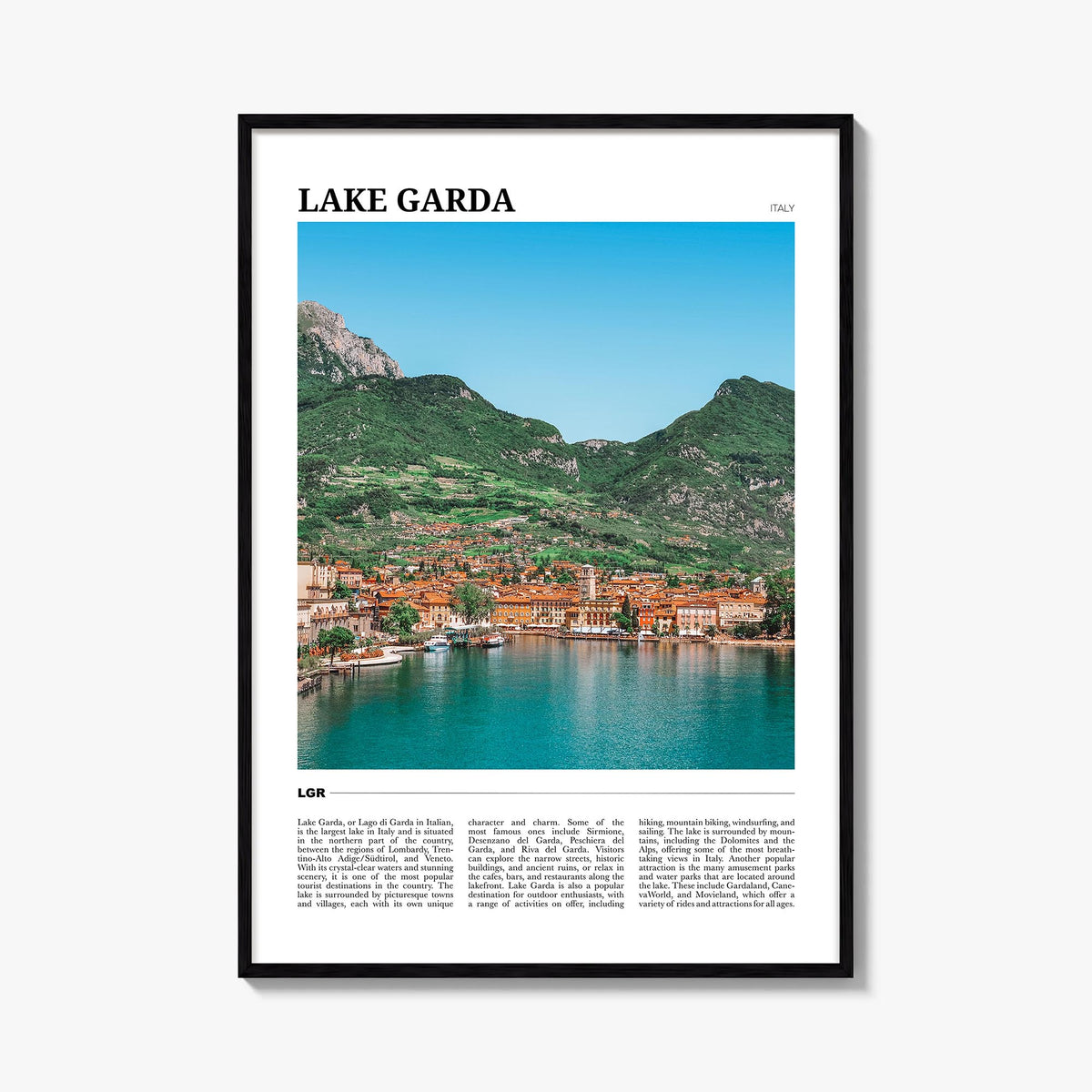 Lake Garda colorful travel poster of Italy – vertical wall art, unframed print shown in interior mockup