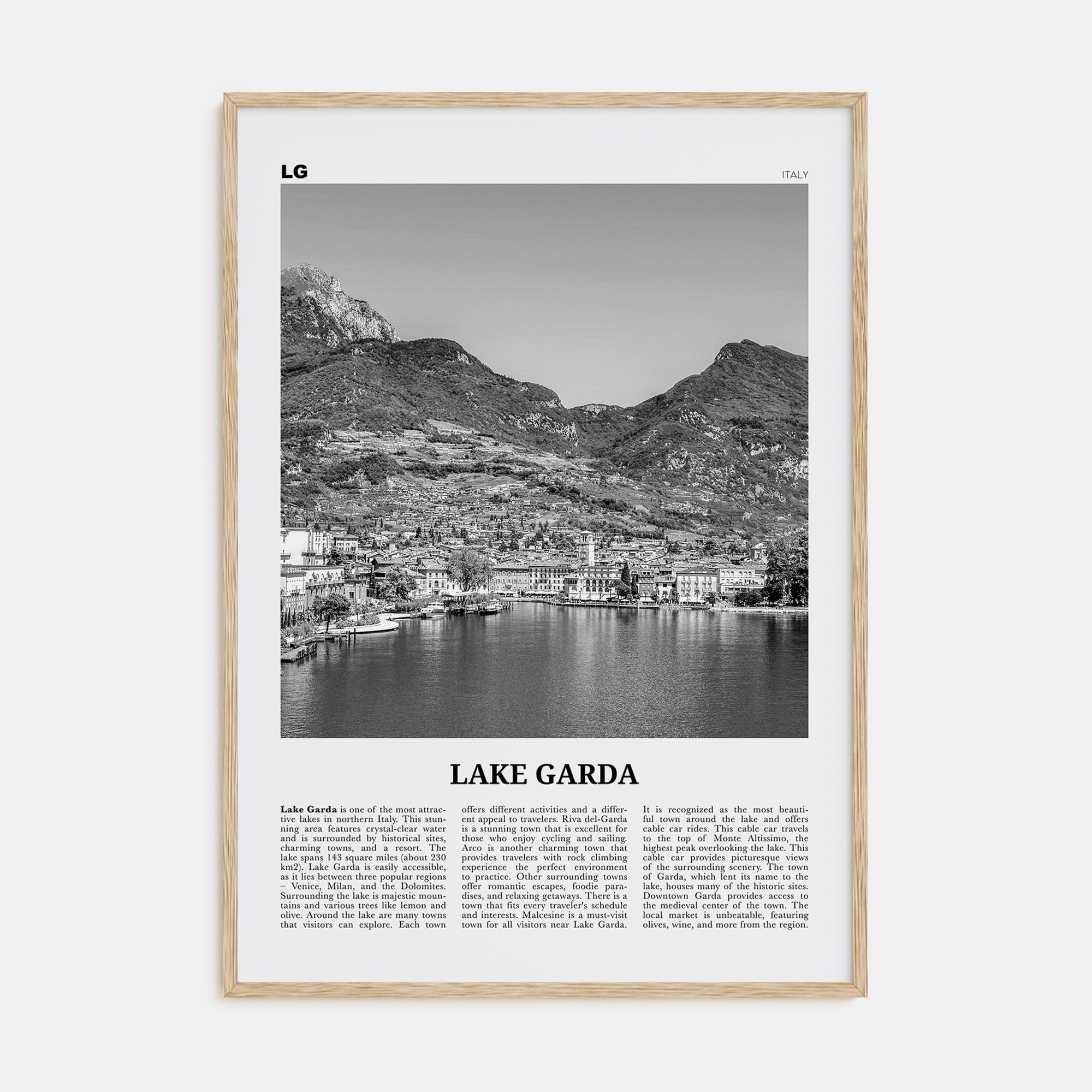 Lake Garda Poster Natural Wood / 8x12 in Nbourhood Travel B&W Poster