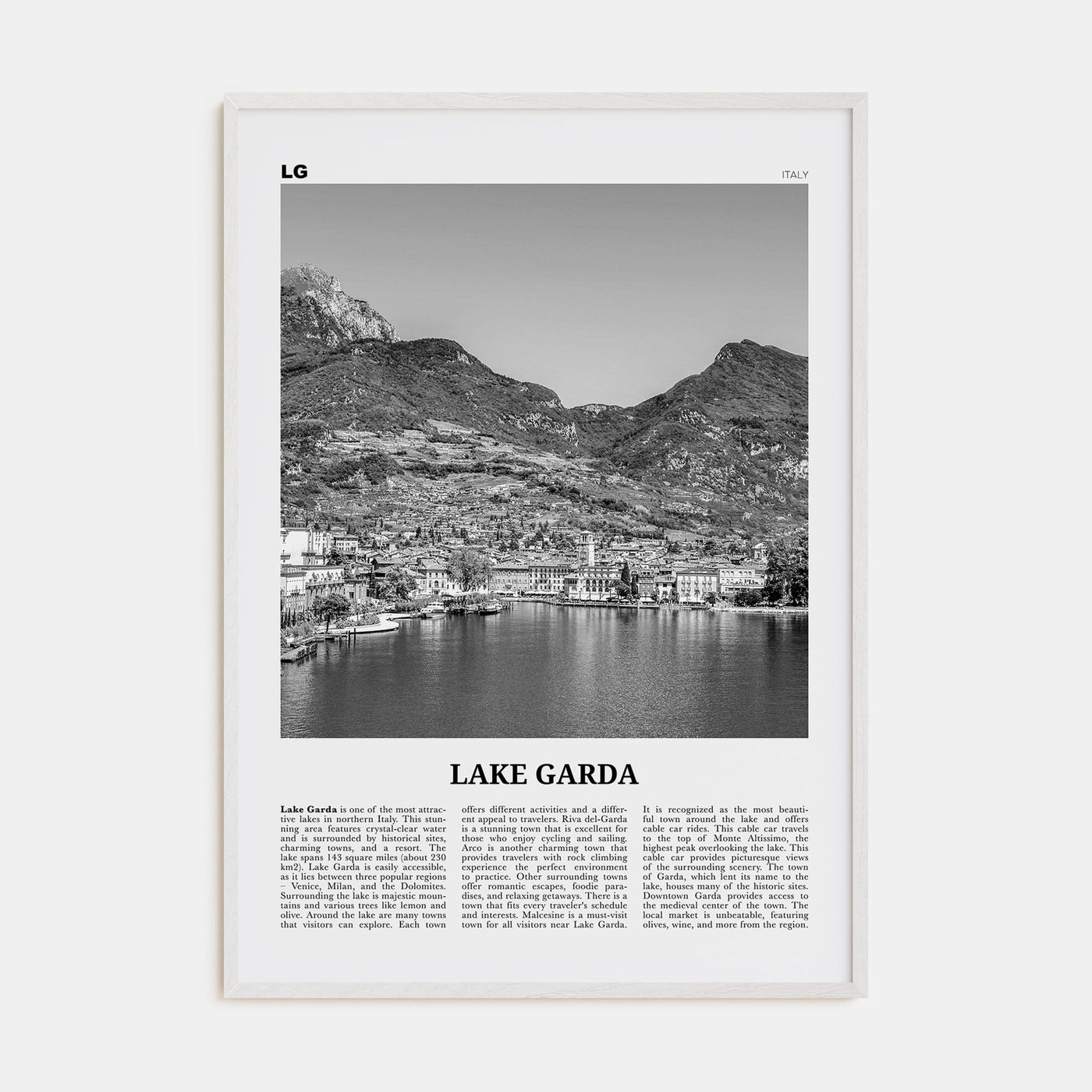 Lake Garda Poster White Wood / 8x12 in Nbourhood Travel B&W Poster