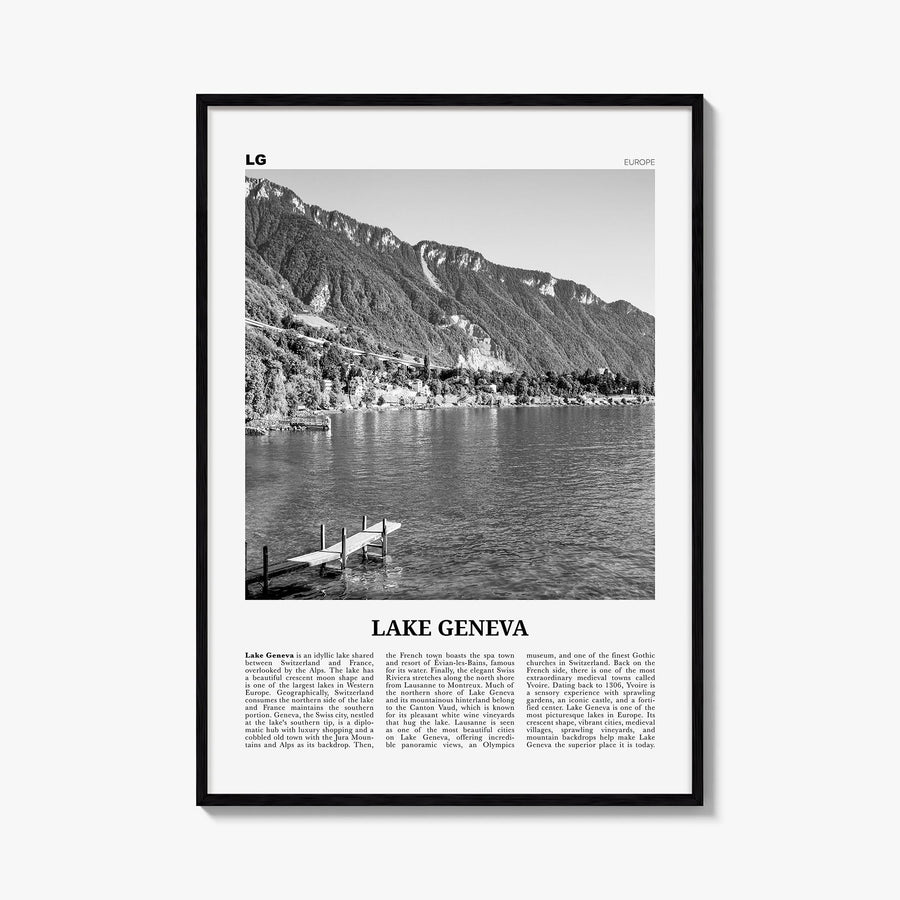 Lake Geneva black & white newspaper poster of Switzerland – vertical wall art, unframed print shown in interior mockup