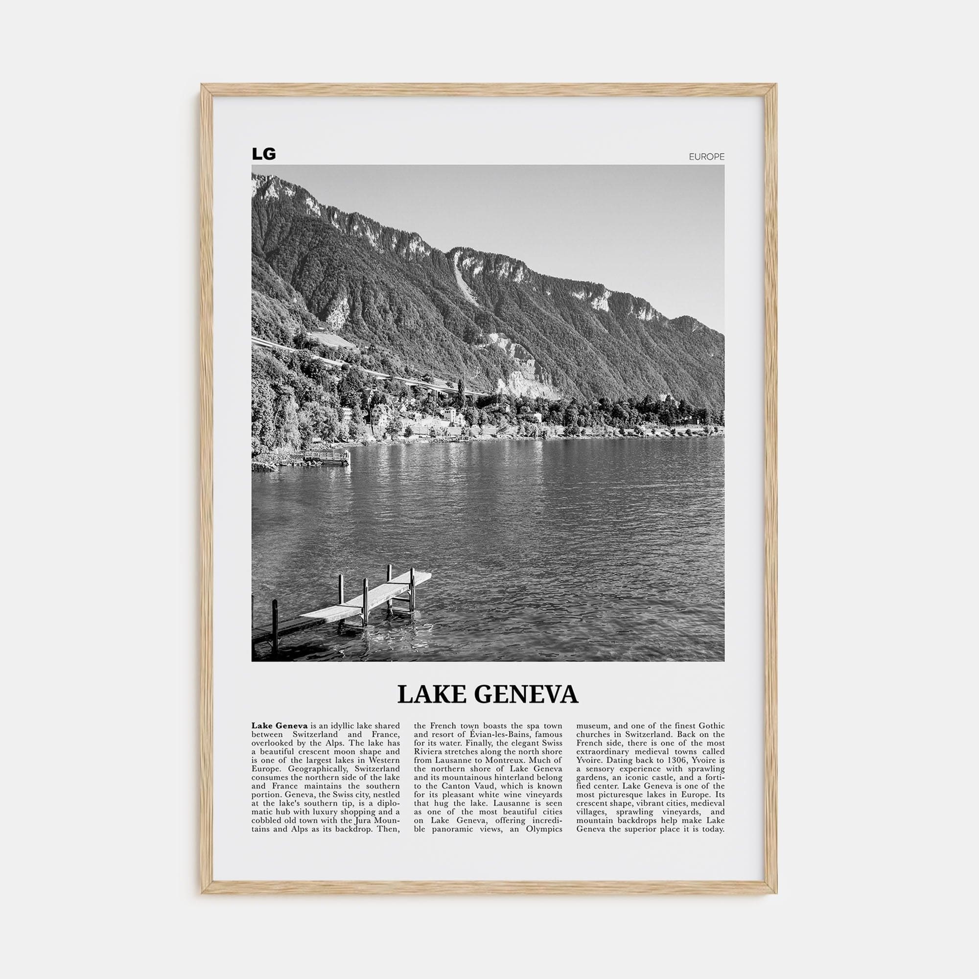 Lake Geneva Poster Natural Wood / 8x12 in Nbourhood Travel B&W Poster