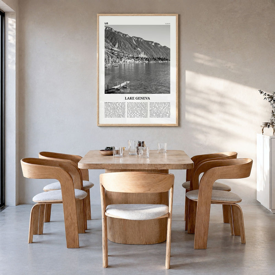 Lake Geneva Newspaper Poster in a natural wood frame, hanging in a dining room