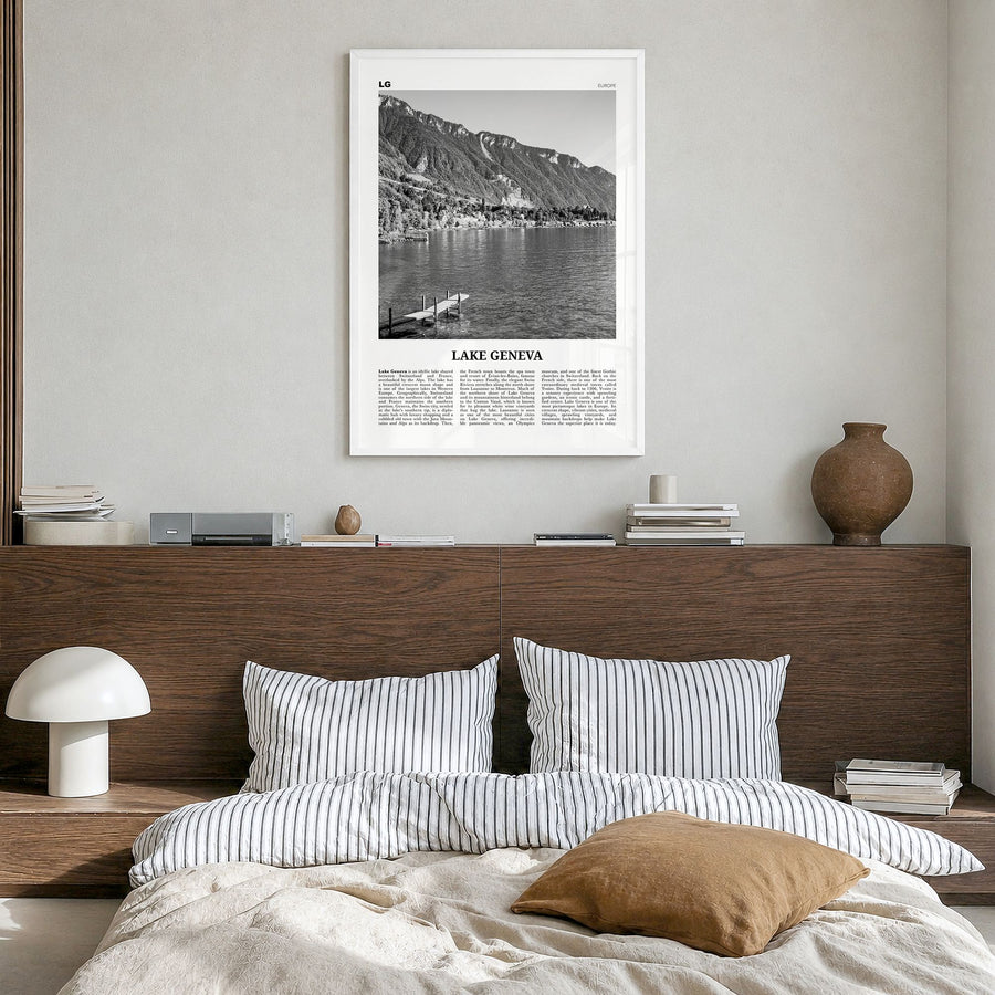 Lake Geneva Newspaper Poster in a white wood frame, hanging in a bedroom