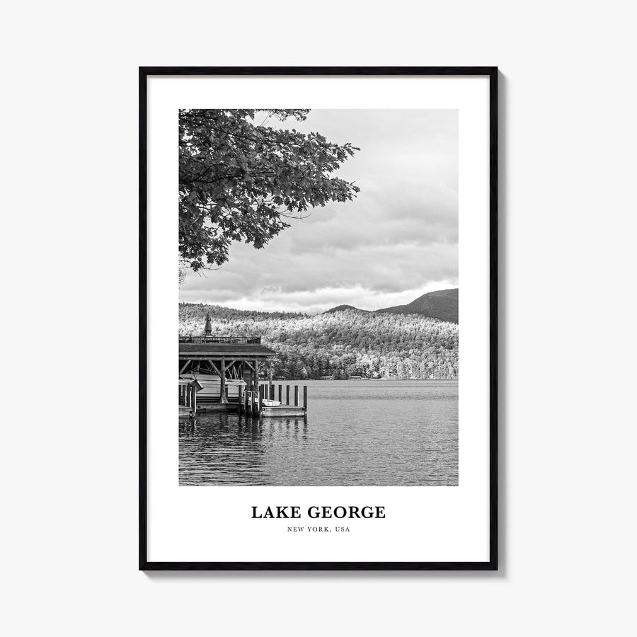 Lake George black & white classic poster of New York, USA – vertical wall art, unframed print shown in interior mockup