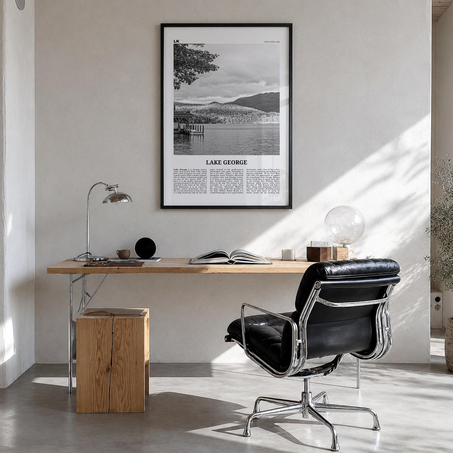 Lake George black & white newspaper poster of New York, USA – vertical wall art in black wood frame, hanging on wall