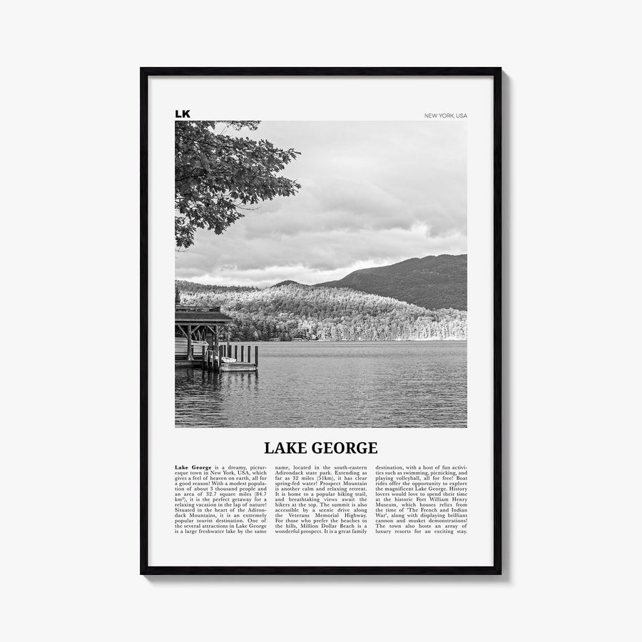Lake George black & white newspaper poster of New York, USA – vertical wall art, unframed print shown in interior mockup