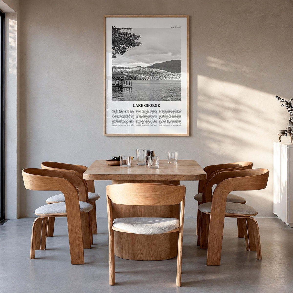 Lake George black & white newspaper poster of New York, USA – vertical wall art in natural wood frame, hanging on wall