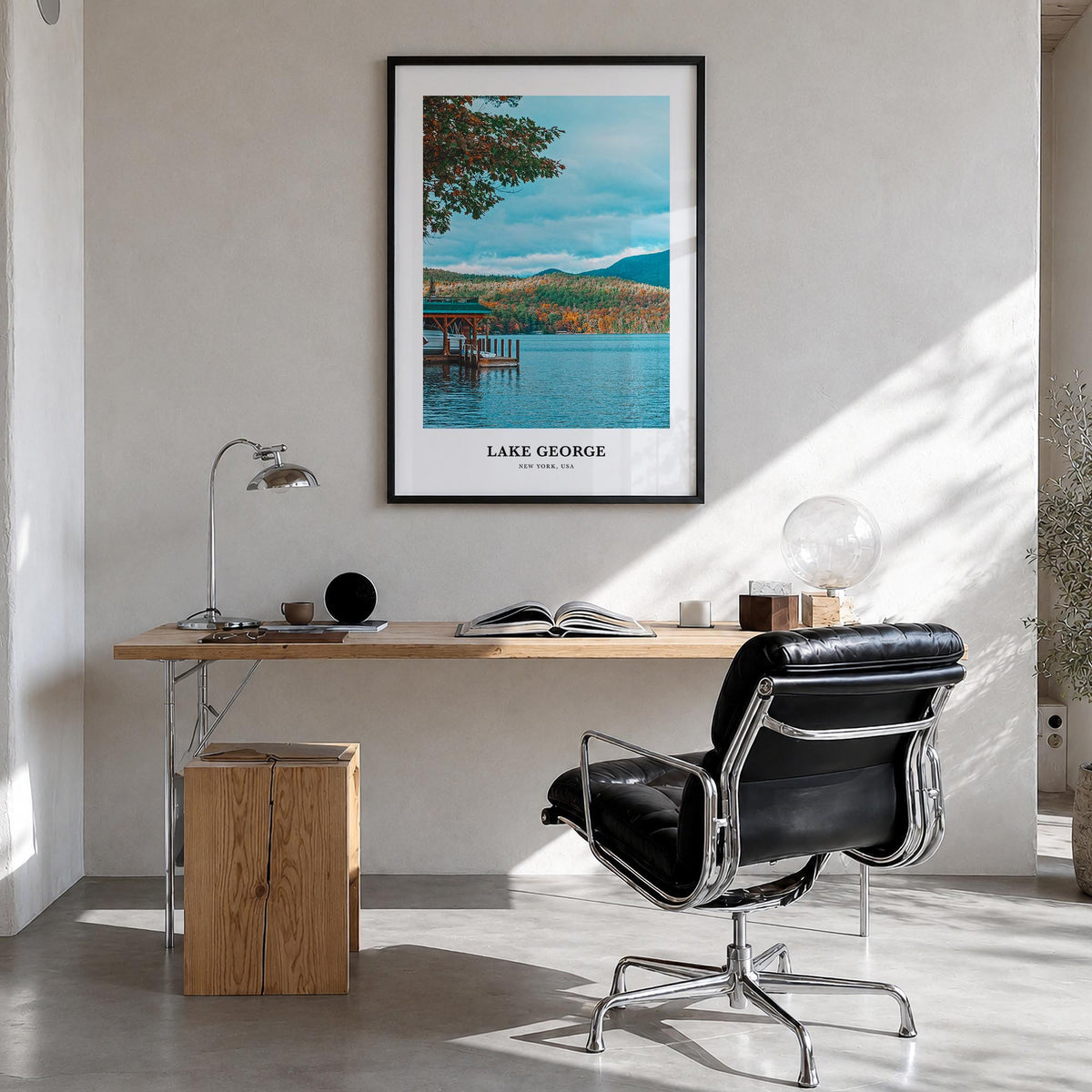 Lake George colorful classic poster of New York, USA – vertical wall art in black wood frame, hanging on wall