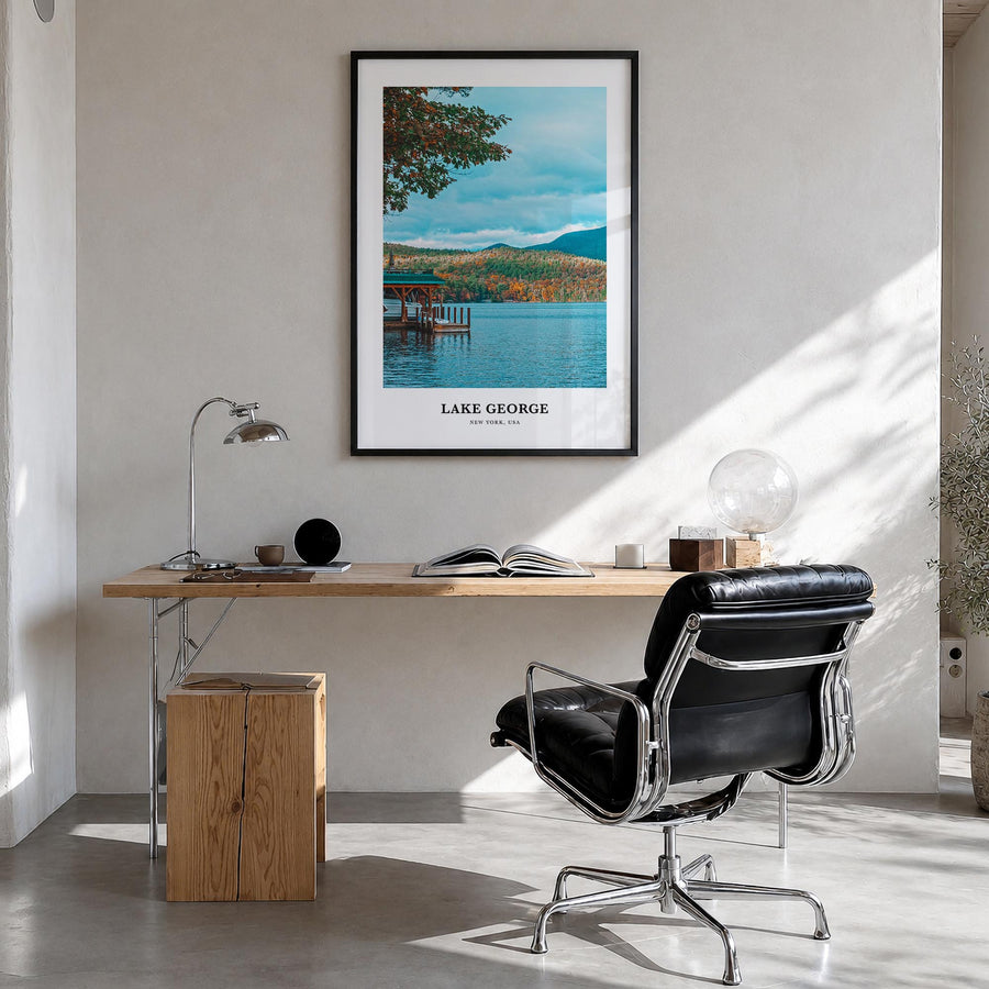 Lake George colorful classic poster of New York, USA – vertical wall art in black wood frame, hanging on wall