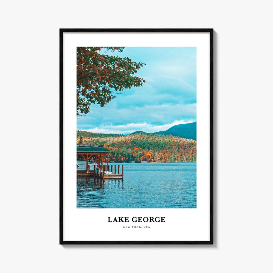 Lake George colorful classic poster of New York, USA – vertical wall art, unframed print shown in interior mockup