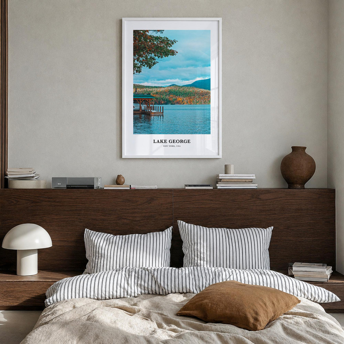 Lake George colorful classic poster of New York, USA – vertical wall art in white wood frame, hanging on wall