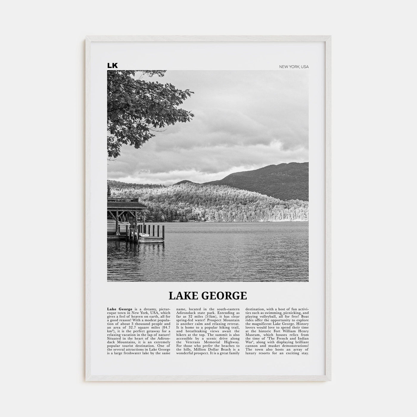 Lake George Poster White Wood / 8x12 in Nbourhood Travel B&W Poster