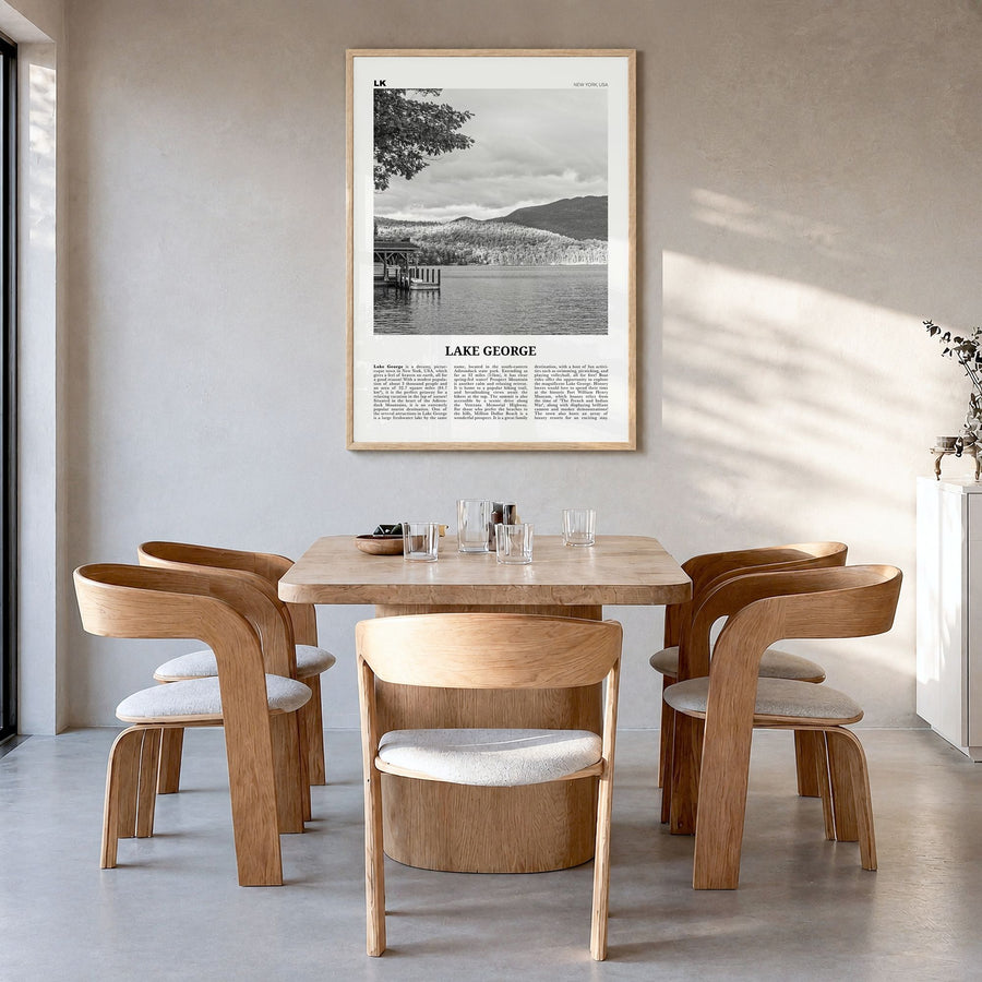 Lake George Newspaper Poster in a natural wood frame, hanging in a dining room