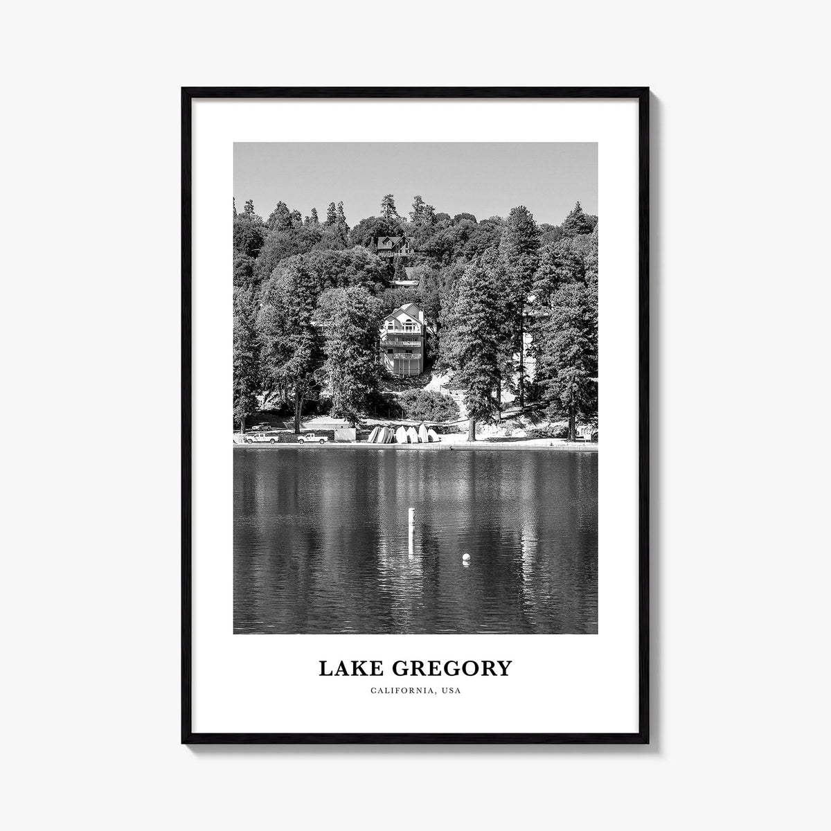 Lake Gregory black & white classic poster of California, USA – vertical wall art, unframed print shown in interior mockup