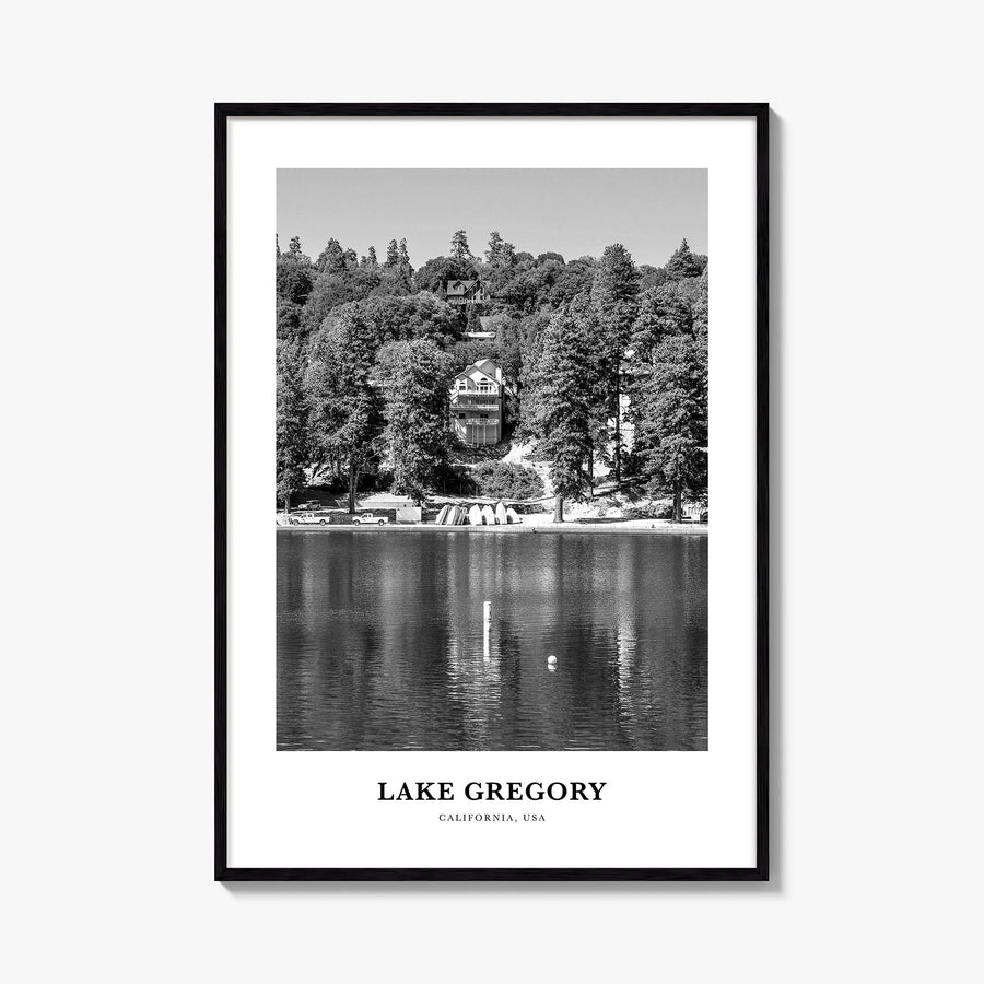 Lake Gregory black & white classic poster of California, USA – vertical wall art, unframed print shown in interior mockup