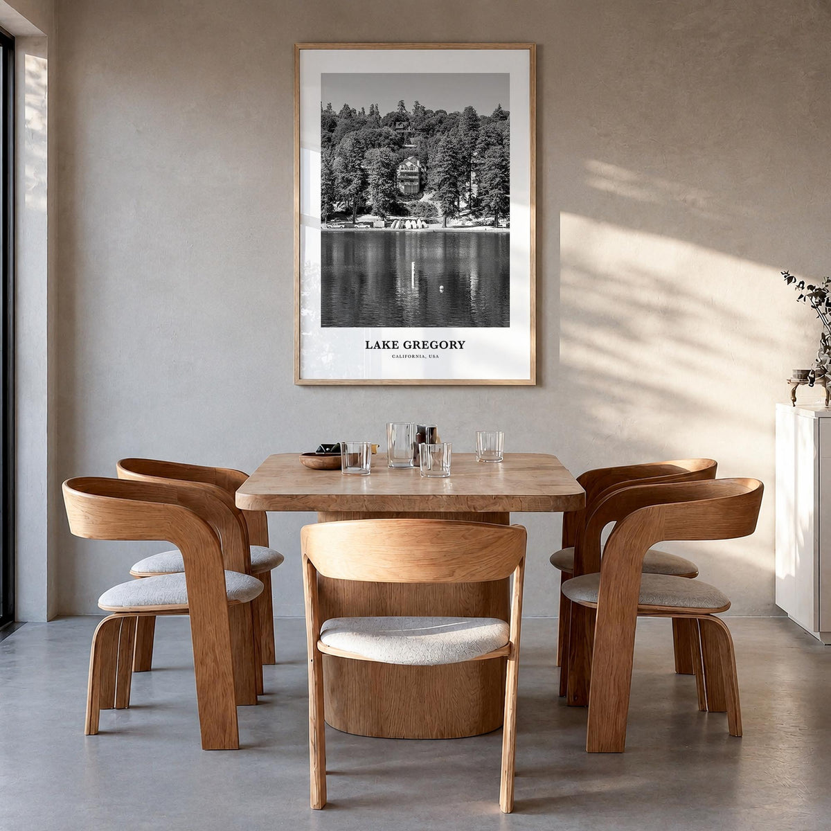 Lake Gregory black & white classic poster of California, USA – vertical wall art in natural wood frame, hanging on wall