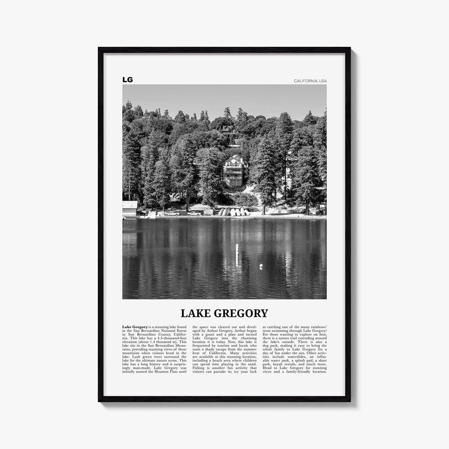 Lake Gregory black & white newspaper poster of California, USA – vertical wall art, unframed print shown in interior mockup