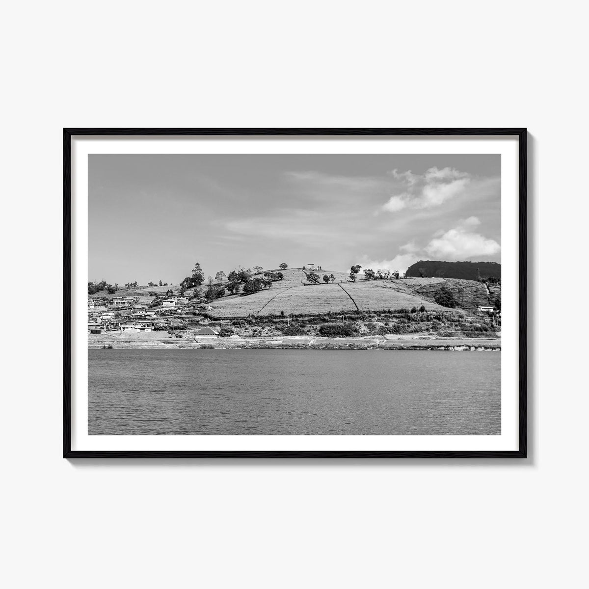 Lake Gregory black & white photo poster of California, USA – horizontal wall art, unframed print shown in interior mockup