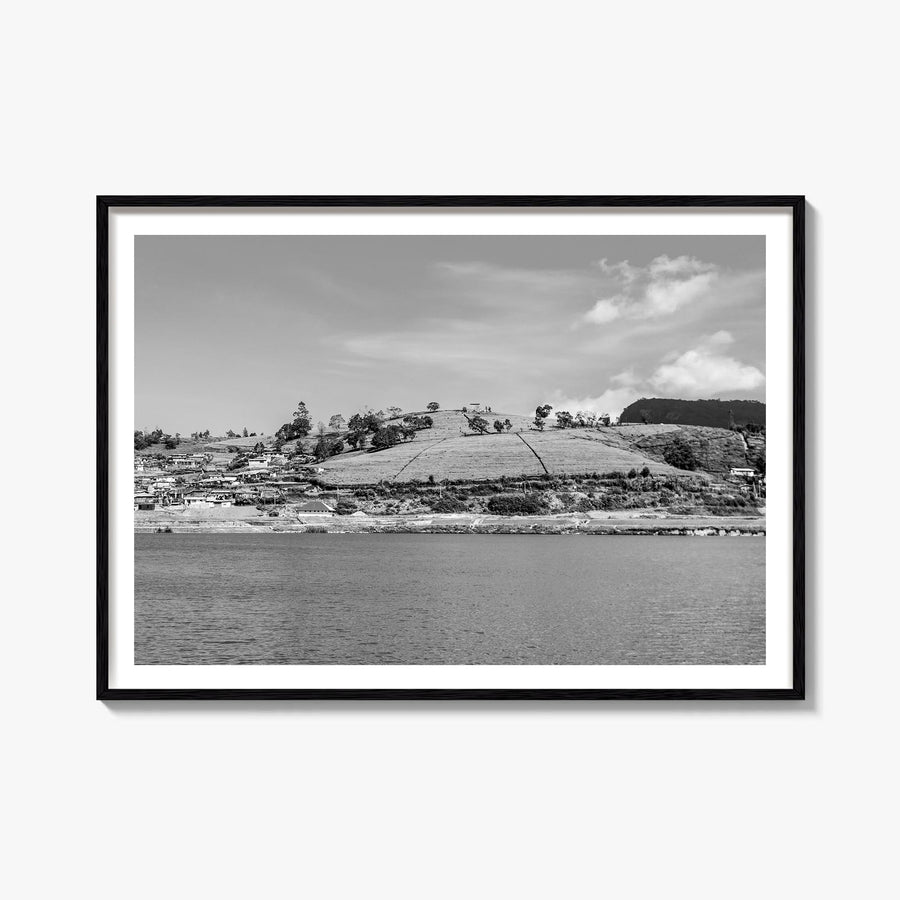 Lake Gregory black & white photo poster of California, USA – horizontal wall art, unframed print shown in interior mockup