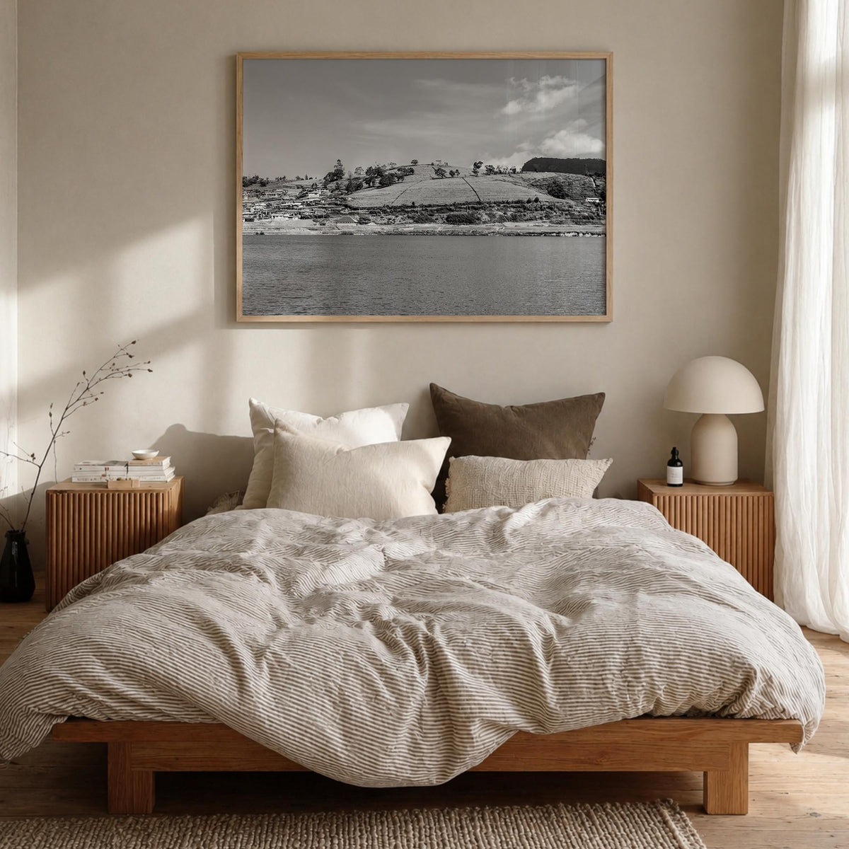 Lake Gregory black & white photo poster of California, USA – horizontal wall art in natural wood frame, hanging on wall