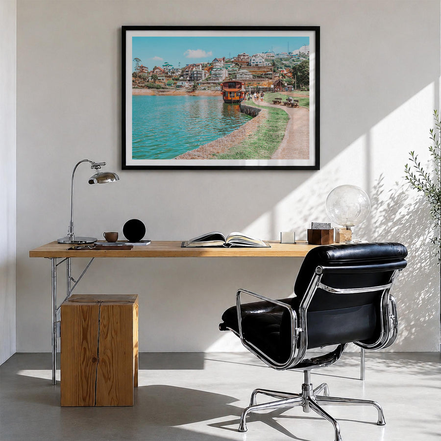 Lake Gregory colorful photo poster of California, USA – horizontal wall art in black wood frame with white border, hanging on